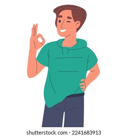 Hombre mostrando la señal correcta. Hombre alegre con gesto positivo, persona sonriente feliz lenguaje corporal ilustración vectorial plana en fondo blanco