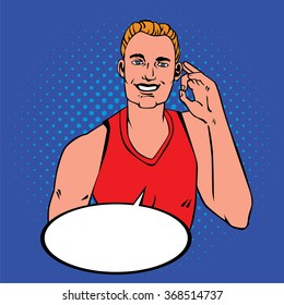 Man showing okay success pop art comics retro style with Halftone. 