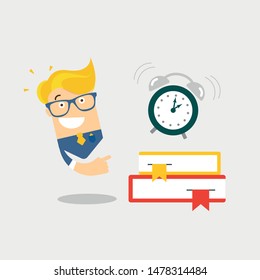 Man showing on alarm clock. Hurry up to school. Time to buy books