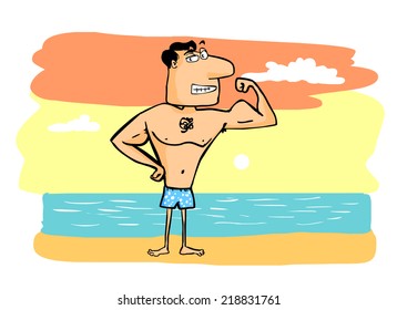 man showing of on a beach