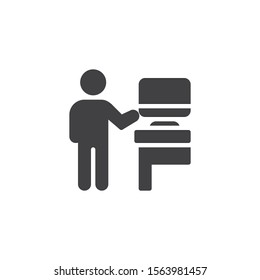 Man showing on computer screen vector icon. filled flat sign for mobile concept and web design. Online business training glyph icon. Symbol, logo illustration. Vector graphics