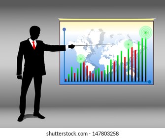 man showing on the growing chart, showing the growing income