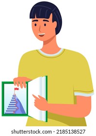 Man Showing Opened Book With Way To Success Instruction. Career Ladder Or Staircase Illustrated On Textbook Page. Guy Working Or Studying With Literature. Knowledge And Work Lead To Success Concept