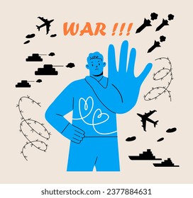 Man showing palm as stop. Stop war, no war concept. Colorful vector illustration

