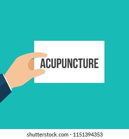 Man showing paper ACUPUNCTURE text. Vector Flat Illustration