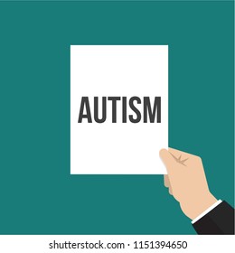 Man showing paper AUTISM text. Vector Flat Illustration
