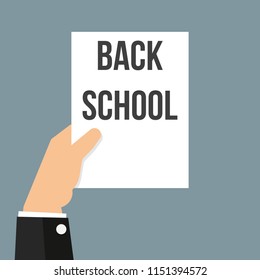 Man showing paper BACK SCHOOL text. Vector Flat Illustration