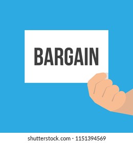 Man showing paper BARGAIN text. Vector Flat Illustration