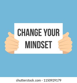 Man showing paper CHANGE YOUR MINDSET. Vector Flat Illustration