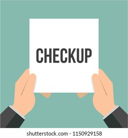 Man showing paper CHECKUP text. Vector Flat Illustration