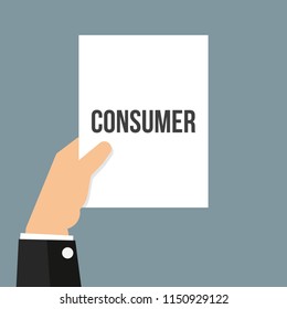Man showing paper CONSUMER text. Vector Flat Illustration