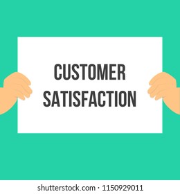Man showing paper CUSTOMER SATISFACTION text. Vector Flat Illustration