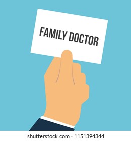 Man showing paper FAMILY DOCTOR text. Vector Flat Illustration