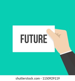 Man showing paper FUTURE text. Vector Flat Illustration