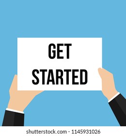 Man showing paper GET STARTED text. Vector Illustration