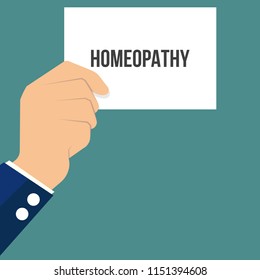 Man showing paper HOMEOPATHY text. Vector Flat Illustration
