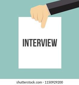 Man showing paper INTERVIEW text. Vector Flat Illustration