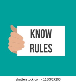 Man showing paper KNOW RULES text. Vector Flat Illustration