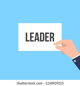 Man showing paper LEADER text. Vector Flat Illustration