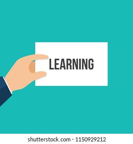 Man showing paper LEARNING text. Vector Flat Illustration