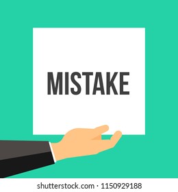 Man showing paper MISTAKE text. Vector Flat Illustration