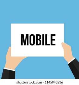 Man showing paper MOBILE text. Vector Illustration