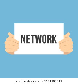 Man showing paper NETWORK text. Vector Flat Illustration