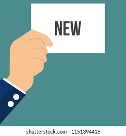 Man showing paper NEW text. Vector Flat Illustration