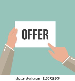 Man showing paper OFFER text. Vector Flat Illustration