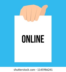 Man showing paper ONLINE text. Vector Illustration