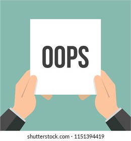 Man showing paper OOPS text. Vector Flat Illustration
