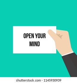 Man showing paper OPEN YOUR MIND. Vector Illustration