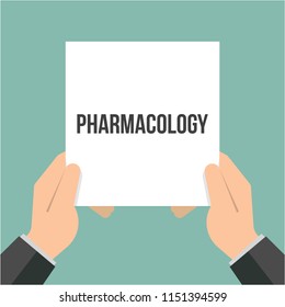 Man showing paper PHARMACOLOGY text. Vector Flat Illustration