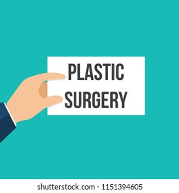 Man showing paper PLASTIC SURGERY text. Vector Flat Illustration