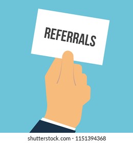Man showing paper REFERRALS text. Vector Flat Illustration