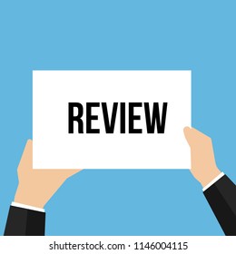 Man showing paper REVIEW text. Vector Illustration