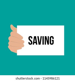 Man showing paper SAVING text. Vector Illustration