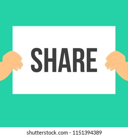 Man showing paper SHARE text. Vector Flat Illustration