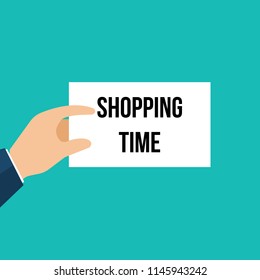 Man showing paper SHOPPING TIME text. Vector Illustration