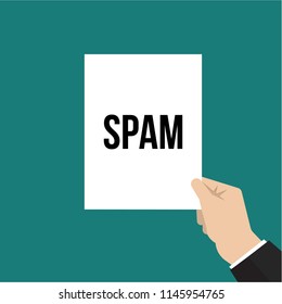 Man showing paper SPAM text. Vector Illustration
