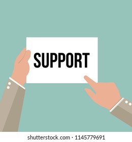 Man showing paper SUPPORT text. Vector illustration
