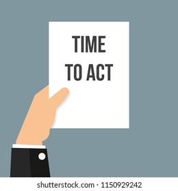 Man showing paper TIME TO ACT text. Vector Flat Illustration