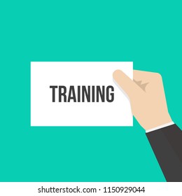 Man showing paper TRAINING text. Vector Flat Illustration