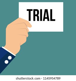 Man showing paper TRIAL text. Vector Illustration