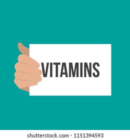 Man showing paper VITAMINS text. Vector Flat Illustration
