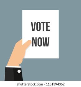 Man showing paper VOTE NOW text. Vector Flat Illustration