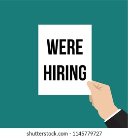 Man showing paper WERE HIRING text. Vector illustration