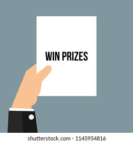 Man showing paper WIN PRIZES text. Vector Illustration