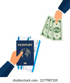  man showing passport with tickets and cash, money. Trendy bearded person holding a boarding pass and currency notes in hand. 