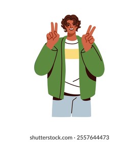 Man showing peace sign, victory fingers. Happy smiling young male character portrait with friendly hand gesture. Funny positive joyful pose. Flat vector illustration isolated on white background